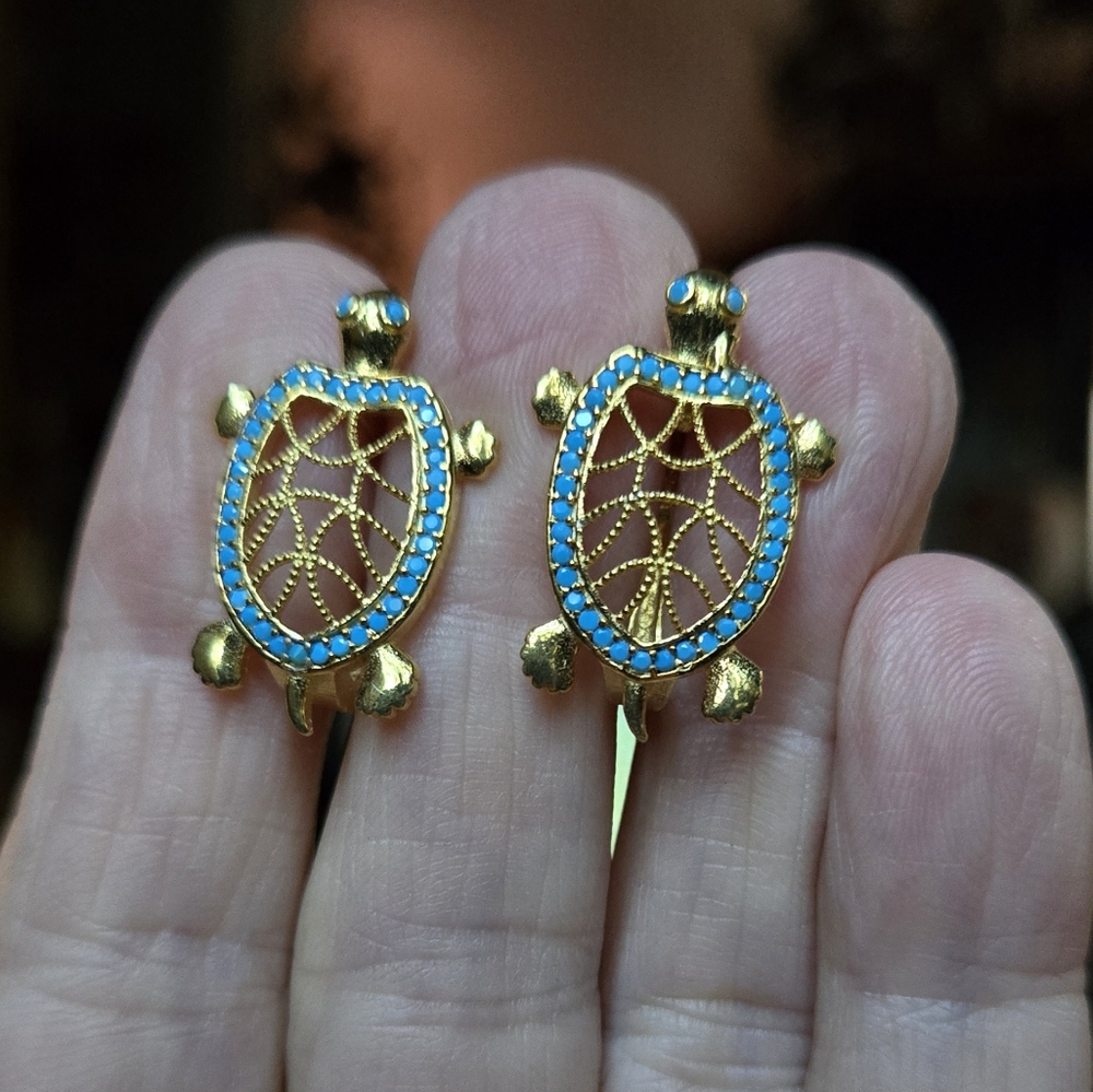 Turquoise Turtle sterling & gold Earrings - Picture 6 of 8
